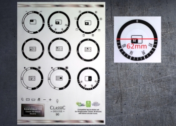 Rangemaster Classic deluxe 90 Electric compatible fascia sticker set, 62mm icons. (image for) Rangemaster Classic deluxe 90 Electric compatible fascia sticker set, 62mm icons.