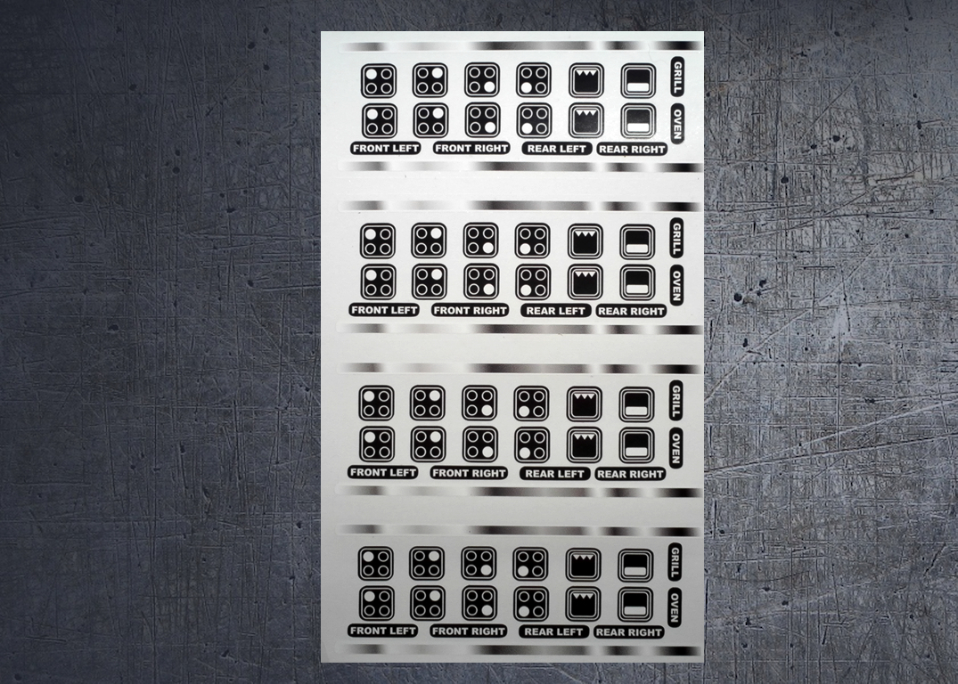 Universal 4 ring hob indicators in black with white markings, whole sheet. (image for) Universal 4 ring hob indicators in black with white markings, whole sheet.