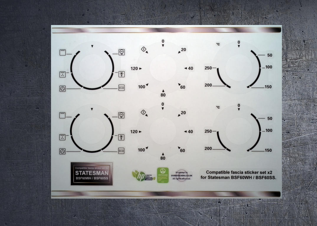 Statesman BSF60SS, BFS60WH and Cookology COF600WH Compatible fascia sticker set x2. (image for) Statesman BSF60SS, BFS60WH and Cookology COF600WH Compatible fascia sticker set x2.