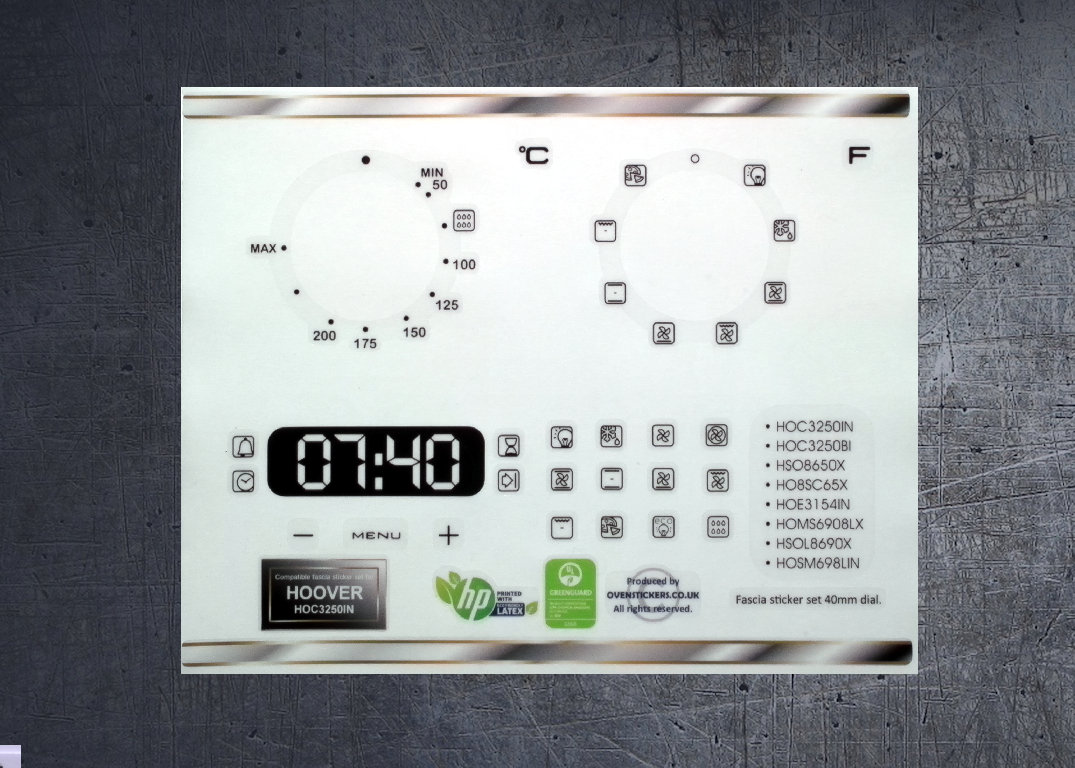 Hoover HOC3250IN, HSO8650X, HOMS6908LX compatible fascia sticker set. (image for) Hoover HOC3250IN, HSO8650X, HOMS6908LX compatible fascia sticker set.