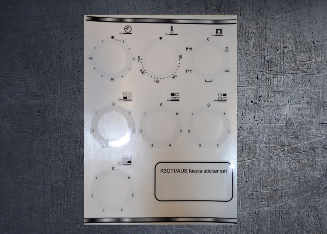 INDESIT K3C11/AUS compatible fascia panel stickers. (image for) INDESIT K3C11/AUS compatible fascia panel stickers.