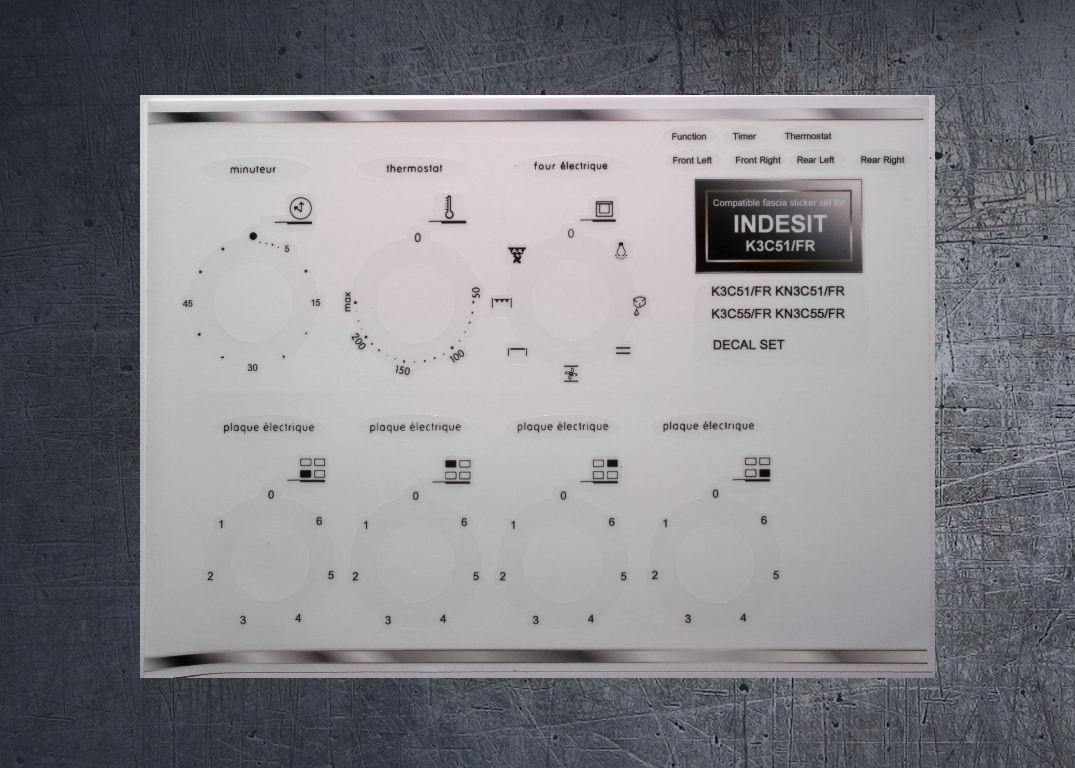 INDESIT K3C51, KN3C51, K3C55, KN3C55 compatible fascia sticker set. (image for) INDESIT K3C51, KN3C51, K3C55, KN3C55 compatible fascia sticker set.