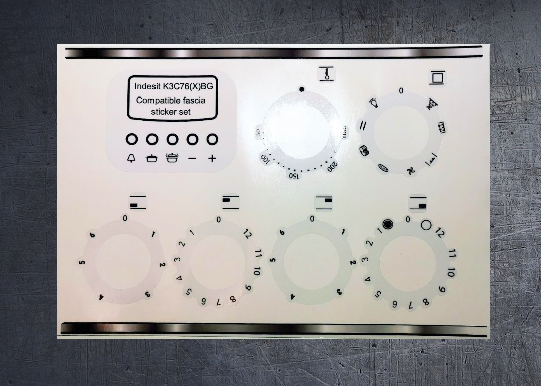 INDESIT K3C76(X)BG compatible fascia sticker set. (image for) INDESIT K3C76(X)BG compatible fascia sticker set.