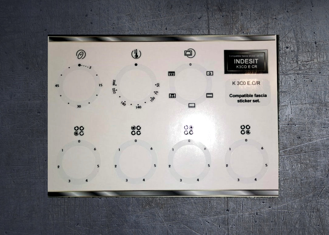 INDESIT K 3C0 E.C/R compatible fascia panel sticker set. (image for) INDESIT K 3C0 E.C/R compatible fascia panel sticker set.