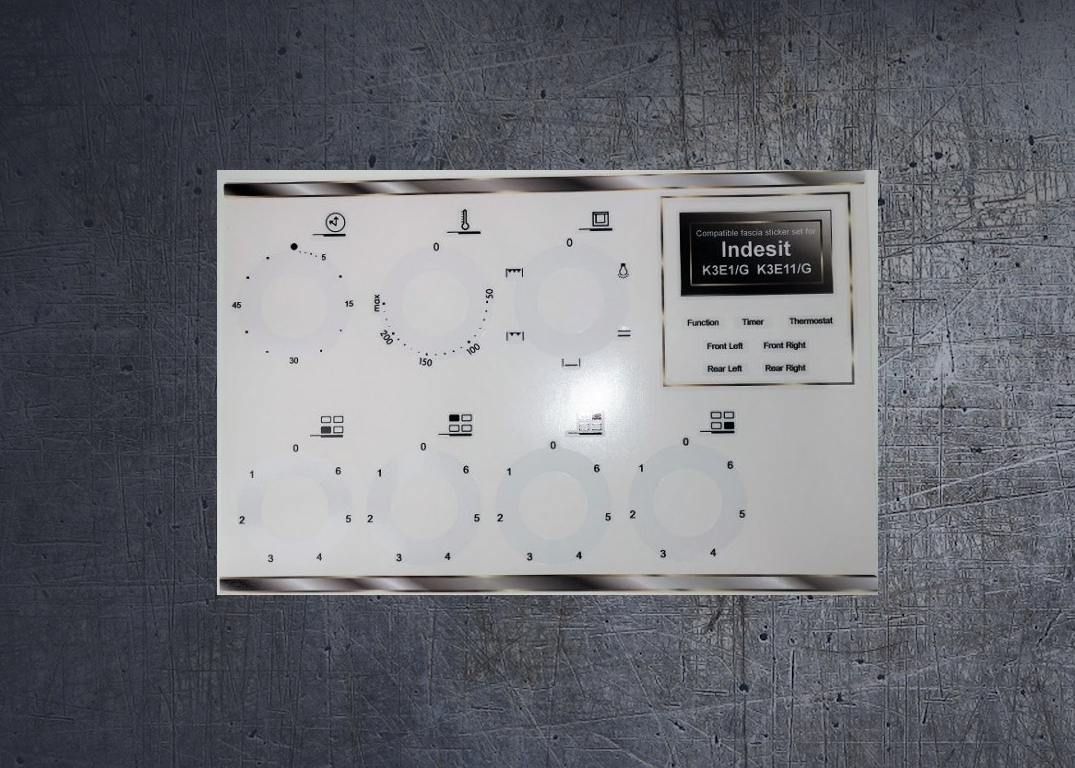 INDESIT K3E1/G K3E11/G compatible fascia stickers. (image for) INDESIT K3E1/G K3E11/G compatible fascia stickers.