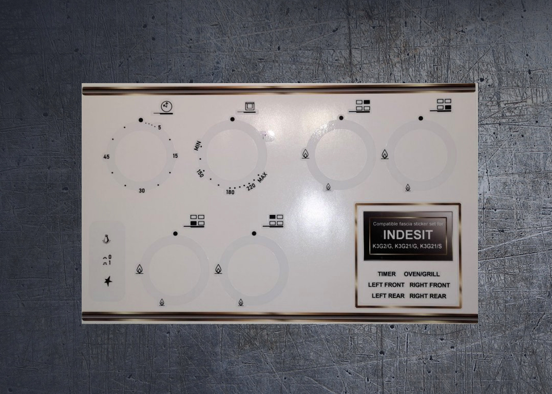 INDESIT K3G2/G, K3G21/G compatible fascia stickers. (image for) INDESIT K3G2/G, K3G21/G compatible fascia stickers.