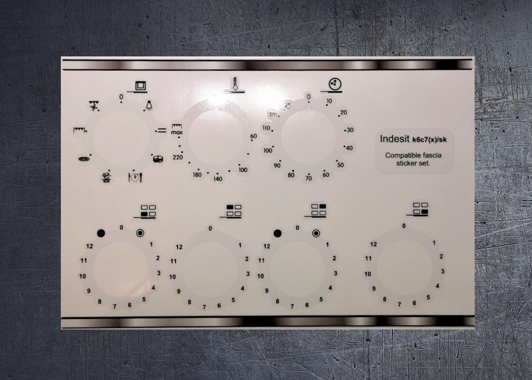 INDESIT K6C7 compatible fascia sticker set. (image for) INDESIT K6C7 compatible fascia sticker set.