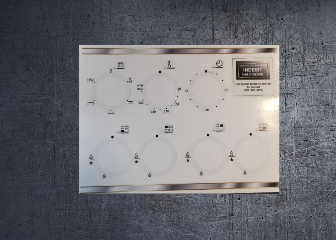 INDESIT K6G110S(X)NL compatible fascia sticker set. (image for) INDESIT K6G110S(X)NL compatible fascia sticker set.