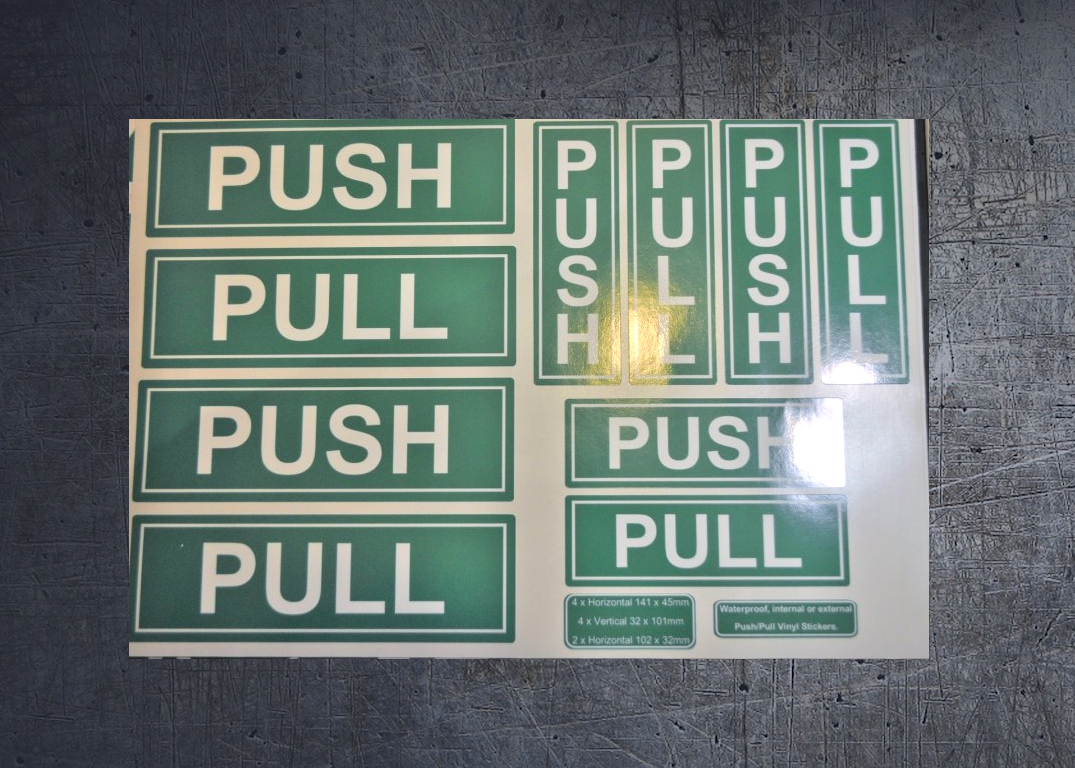 PUSH PULL green vinyl stickers, whole sheet. (image for) PUSH PULL green vinyl stickers, whole sheet.