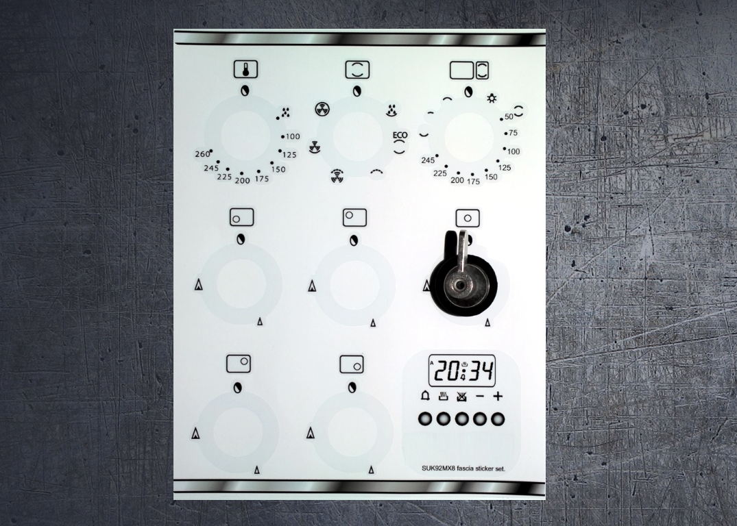 Smeg SUK92MX8 compatible fascia sticker set. (image for) Smeg SUK92MX8 compatible fascia sticker set.